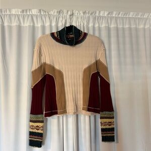 Free People Colorblock Ribbed Sweater with Patterned Sleeves